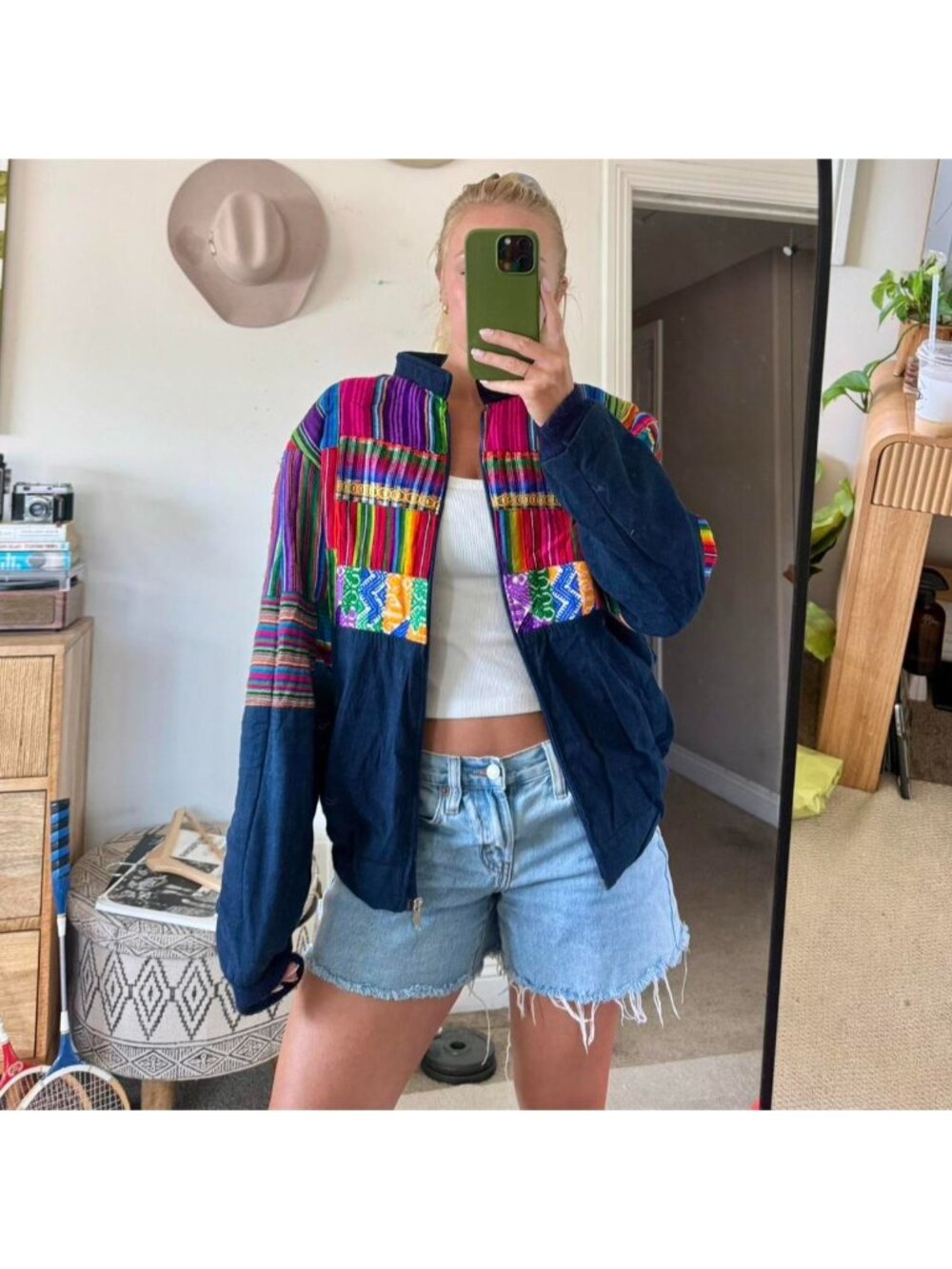 AMERICAN VINTAGE NAVY BLUE COLORFUL RETRO BOMBER JACKETS MEDIUM